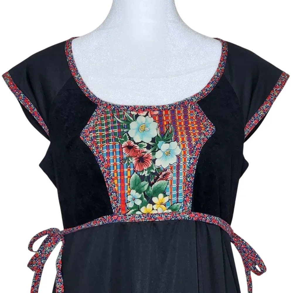Vintage 70s Jody T California Floral Bib Black Tiered Midi Dress 9 Western Boho